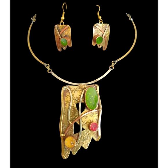 Modernist Artisan Confetti Pendant Necklace Earrings Set Mixed Metals Abstract - Picture 13 of 14